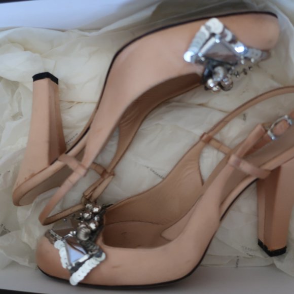 ALESSANDRO DELL'ACQUA SATIN HEEL BEIGE/PEACH/PINK WITH BLOCK HEEL - Picture 6 of 16